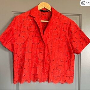 Desigual Red Crochet Lace Short Sleeve Button-Up Top - L